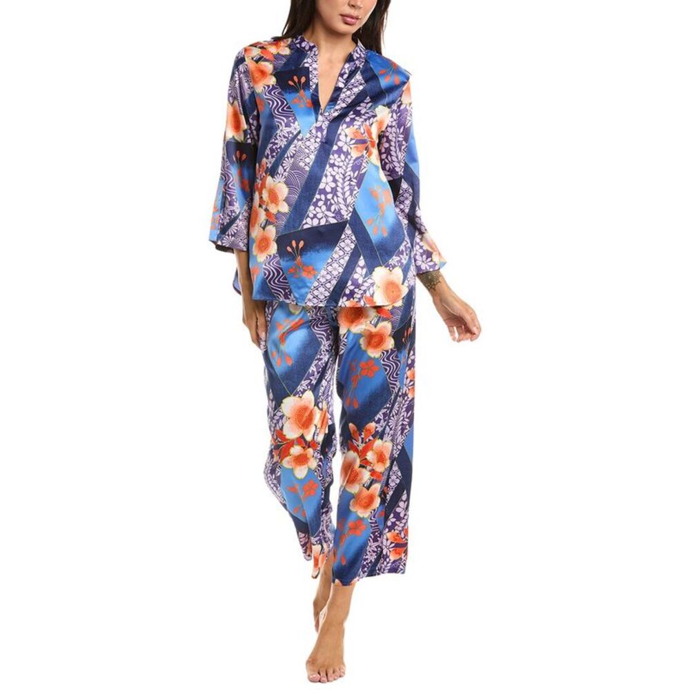 N Natori Womens  2Pc Magnolia Printed Satin Pajama Set, Blue